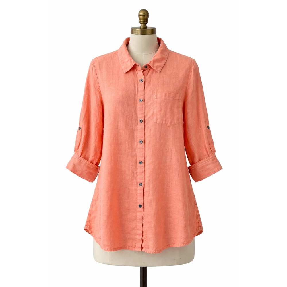 DAMAGED -‎ LISETTE L Linen Blend Tunic Shirt Coral Roll Tab Sleeve Button Top